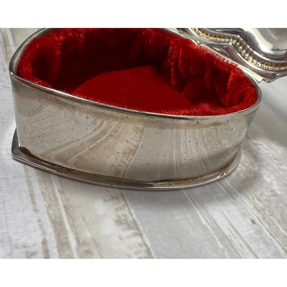 Vintage Silver Plate Heart-Shaped Velvet-Lined Trinket Box
